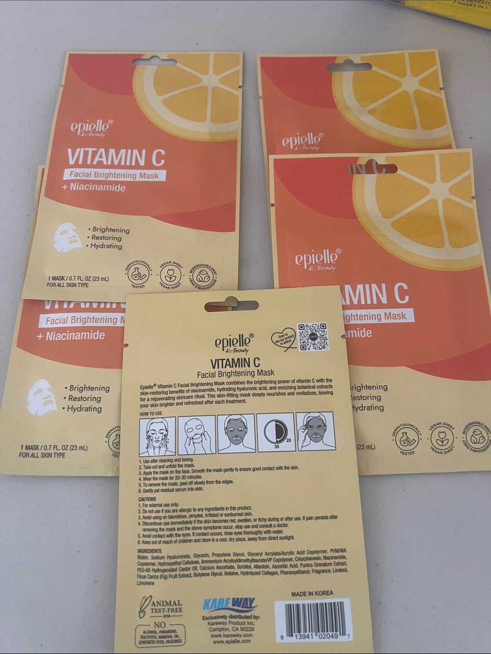 Pack of 5. epielle Vitamin C Facial Brightening Mask - Orange & Cream Packaging
